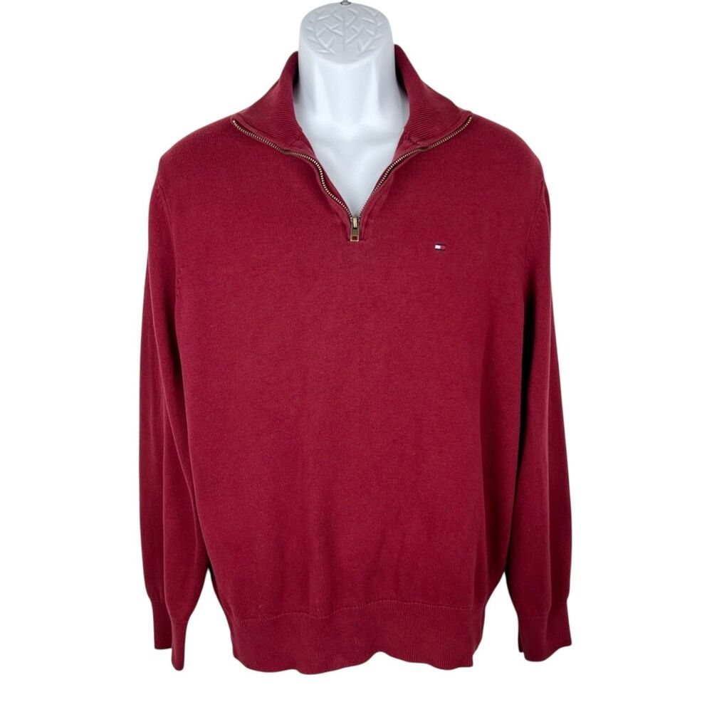 Tommy Hilfiger Sweater Men Large Red Quarter Zip Pullover Long Sleeve Knit